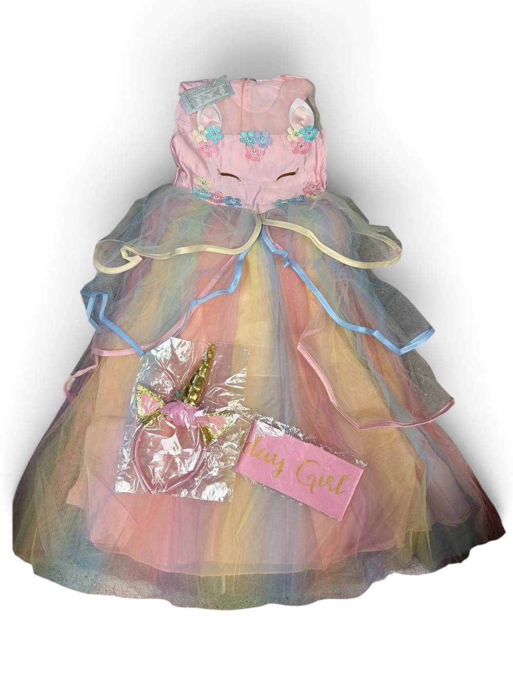 Kids Birthday Girl Pink Unicorn Rainbow Tulle Costume Dress with Horn Headband